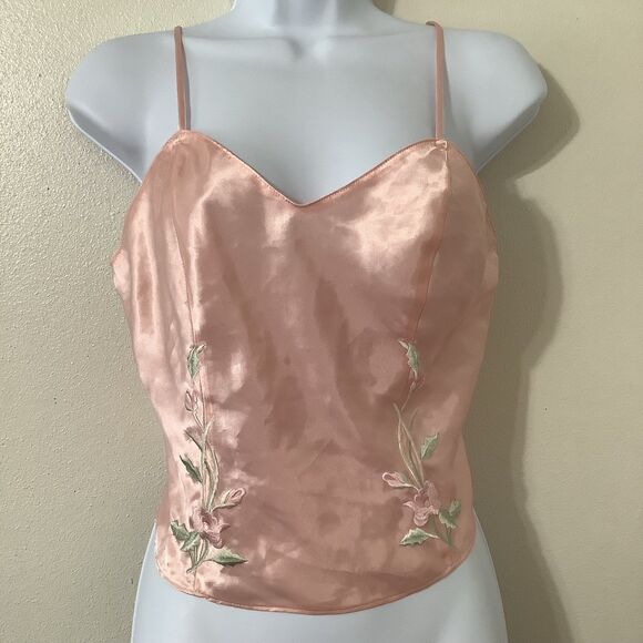 Vintage 90s Fairy Coquette Romantic Pink Embroidered Fairycore Satin Camisole ML - Picture 1 of 8